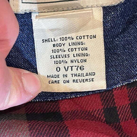 Vintage LL Bean Women LARGE Denim Chore Coat Corduroy Collar Plaid Flannel Lined - Picture 12 of 16